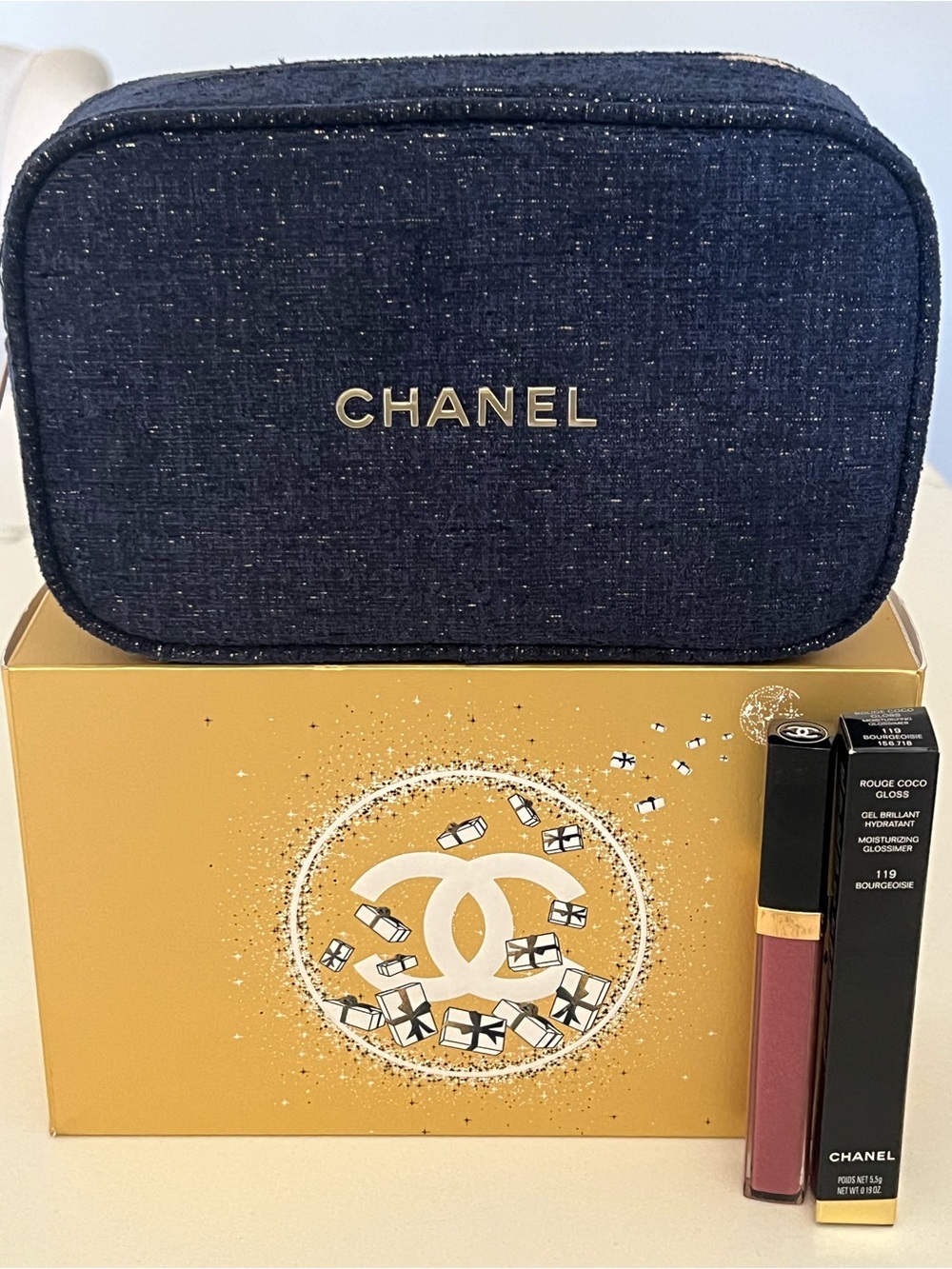 CHANEL Navy Cosmetic Pouch with Gold Logo and Rouge Coco Lip Gloss - Bourgeoisie